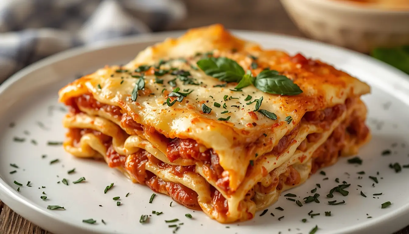 Cremige vegane Lasagne mit Cashew-Béchamel und Linsen-Bolognese, geschmolzener veganer Käse topping, frische Kräuter, 16:9 Format, 1200 x 675 px.