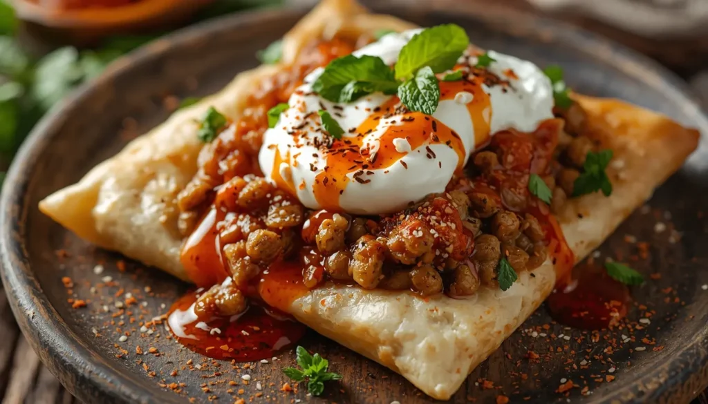 Eine Schüssel mit veganen Manti, gefüllt mit Linsen, serviert mit Soja-Joghurt und Paprika-Öl, frische Kräuter als Garnitur, 1200 x 675 px.