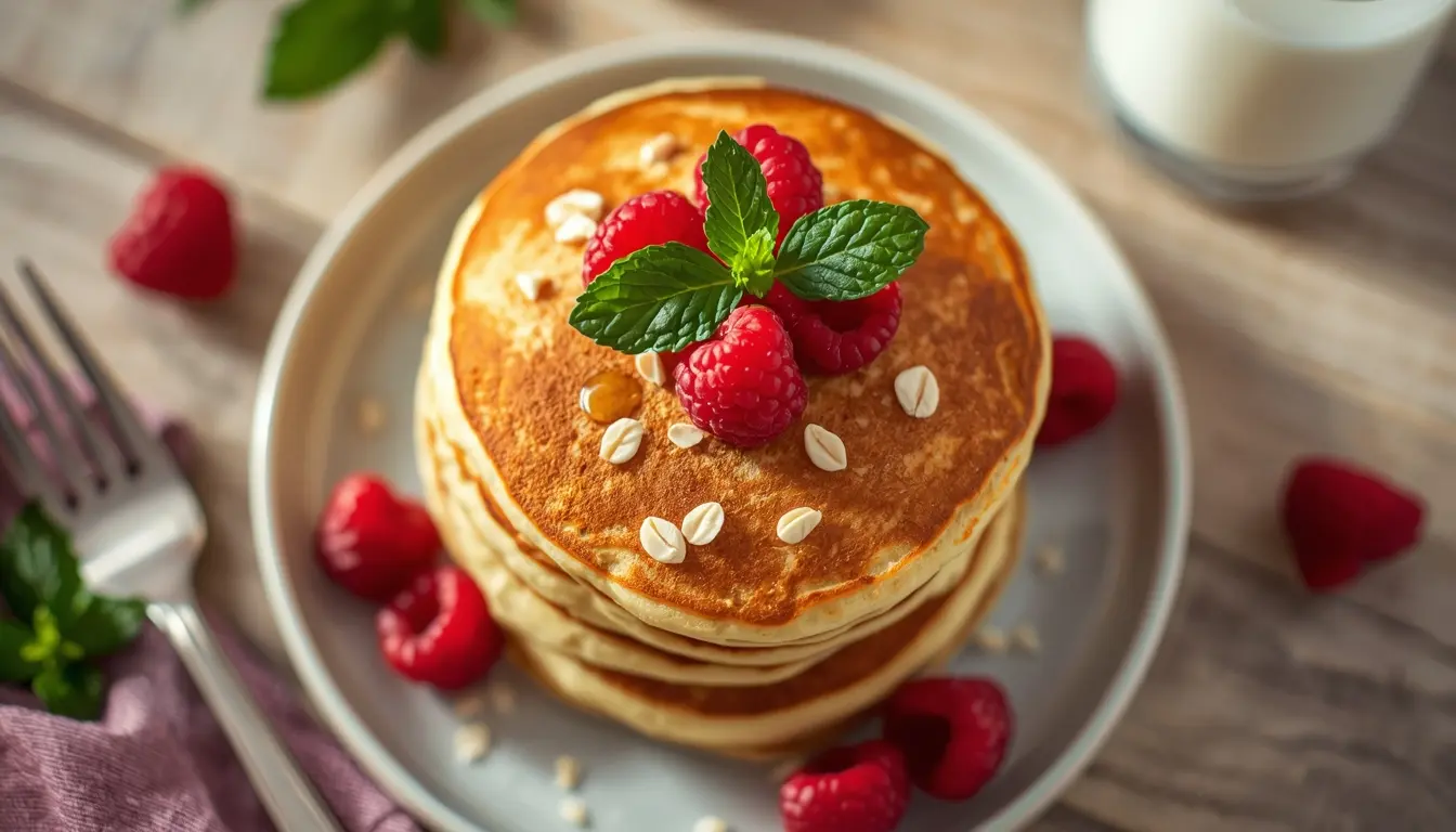 Luftige vegane Pfannkuchen ohne Milch serviert mit Ahornsirup und frischen Blaubeeren, helle moderne Küche, rein pflanzliches Rezept, 1200 x 675 px.