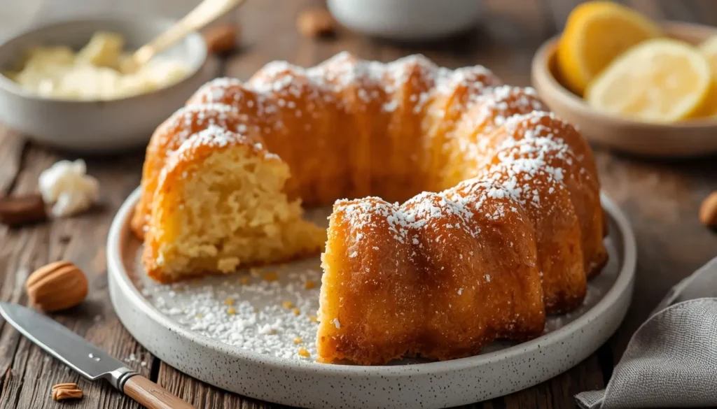 Vegane Vanillekipferl ohne Ei und Butter, mit Puderzucker bestäubt, pflanzliche Zutaten wie Kokosöl oder vegane Margarine im Hintergrund, 16:9 Format, 1200 x 675 px.