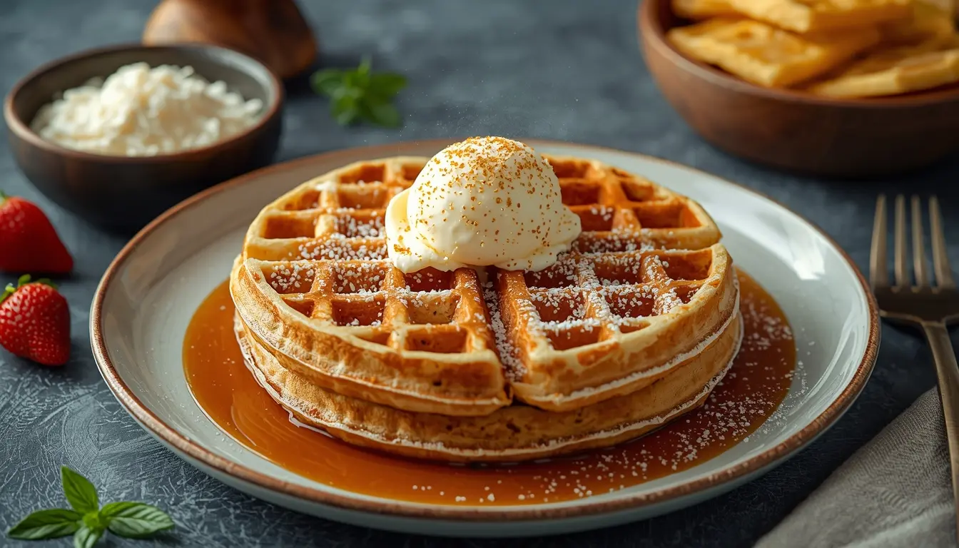 Vegane goldbraune Waffeln ohne Ei, serviert mit frischer Mango und Kokosraspeln, Kokosöl-Glanz auf der Oberfläche, heller minimalistischer Hintergrund, 16:9 Format.