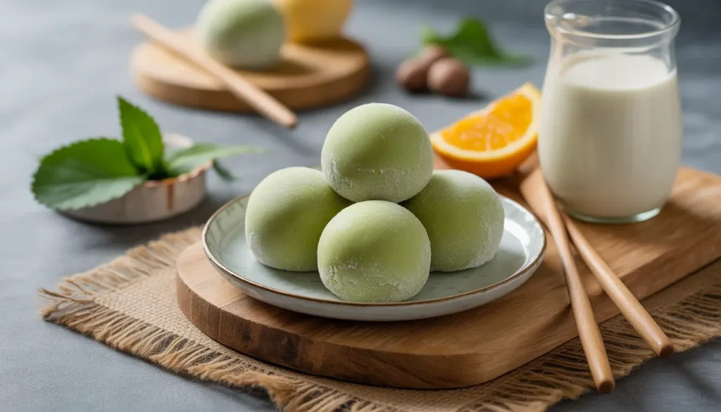 Eine bunte Auswahl an veganem Mochi-Eis, aufgeschnitten um die cremige Füllung zu zeigen, daneben eine Packung Hafermilch und Kokosmilch, heller sommerlicher Look, 16:9 Format.