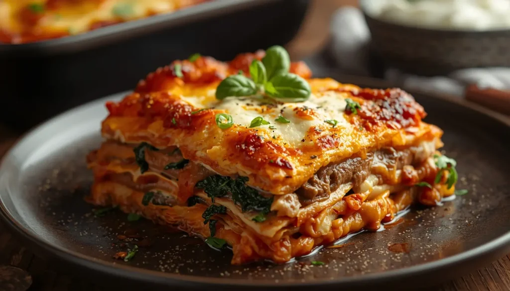 Bunte vegetarische Lasagne mit Schichten aus Zucchini, Paprika und Spinat, viel geschmolzener Käse, frische Kräuter als Topping, heller und freundlicher Hintergrund, 16:9 Format.