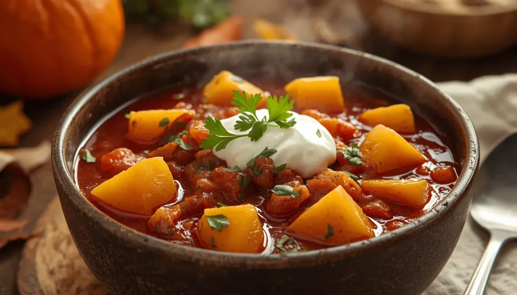 Herzhaftes vegetarisches Gulasch mit Kürbisstücken und Kartoffeln, dicke rote Soße, frische Kräuter, herbstliches Schmorgericht, 1200 x 675 px.