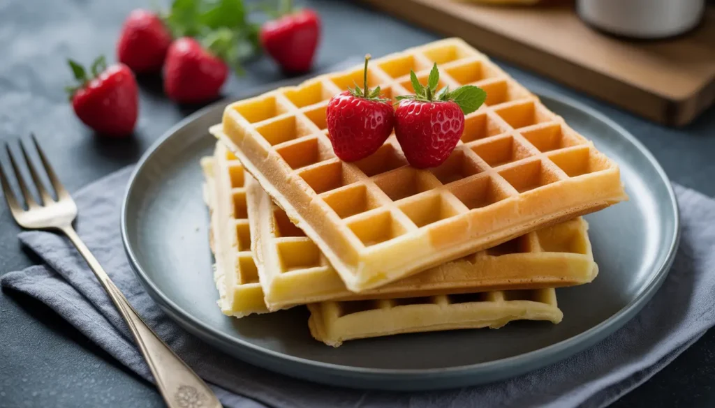 Einfache Waffeln aus nur 3 Zutaten (Eier, Mehl, Milch) auf einem Teller, minimalistische Darstellung, rustikale Berliner Küche, 16:9 Format.