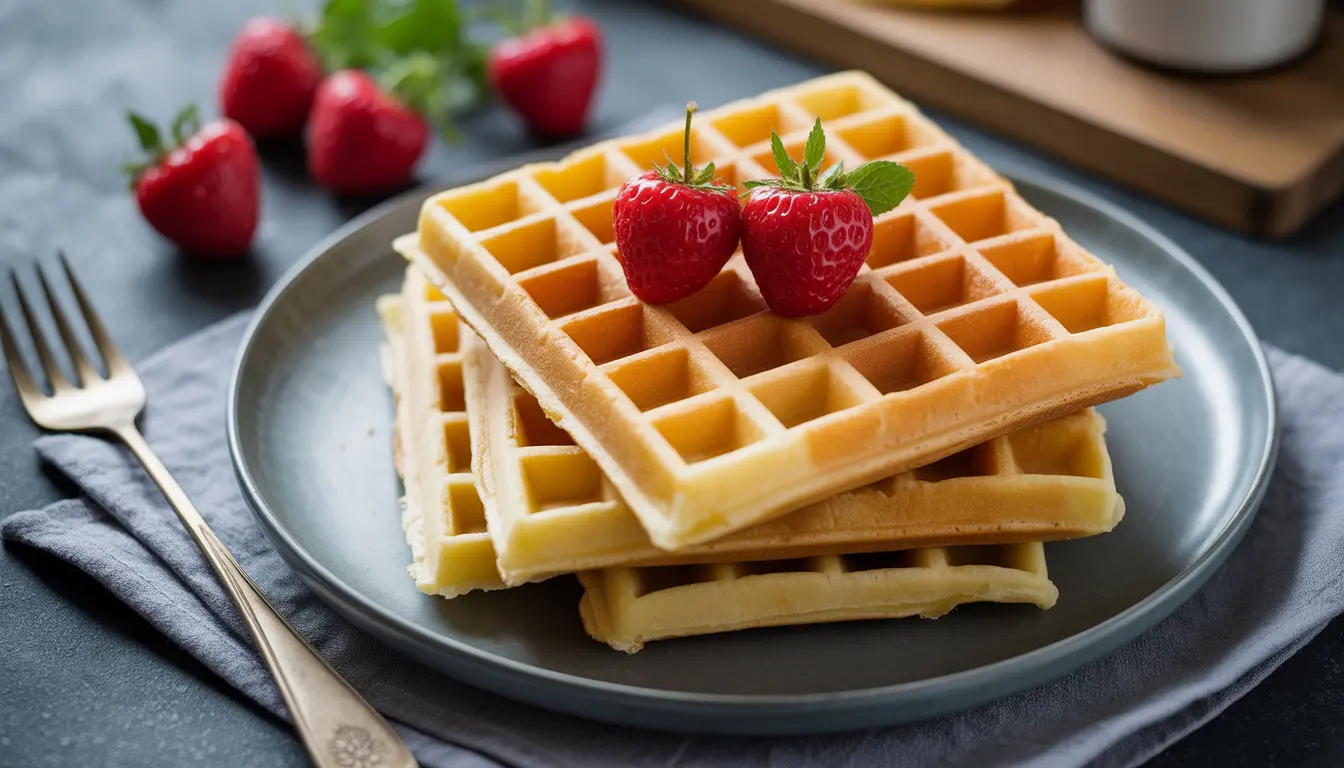 Einfache Waffeln aus nur 3 Zutaten (Eier, Mehl, Milch) auf einem Teller, minimalistische Darstellung, rustikale Berliner Küche, 16:9 Format.