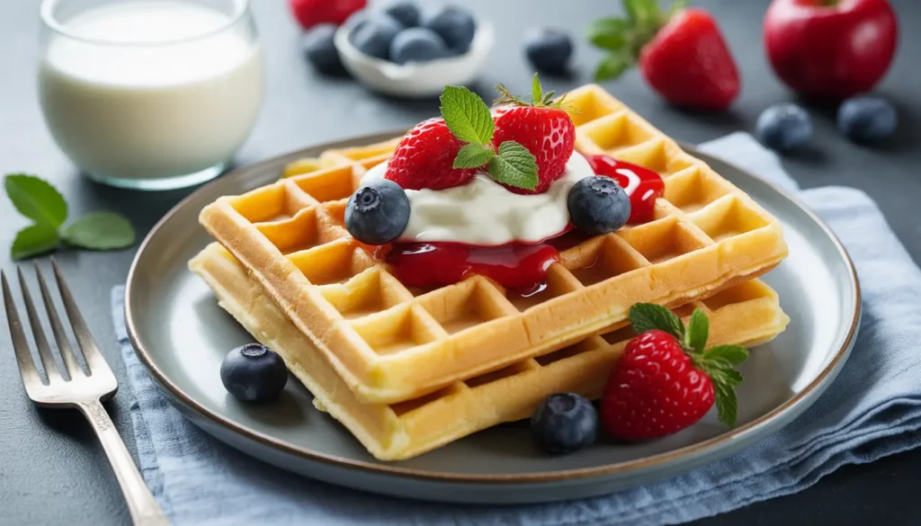 Saftige Waffeln ohne Butter gebacken, serviert mit einem Klecks Joghurt und frischen Früchten, Fokus auf die weiche Textur, helle freundliche Küche, 16:9 Format.