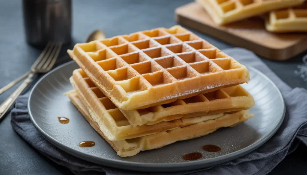 Knusprige Waffeln ohne Ei gebacken, Mineralwasser-Flasche im Hintergrund, Fokus auf die luftige Struktur durch Kohlensäure, 16:9 Format.