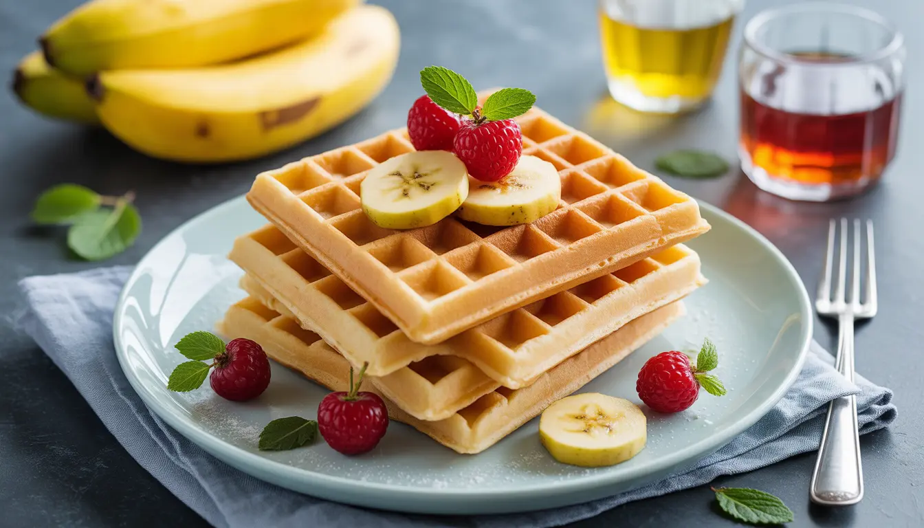 Zuckerfreie Waffeln gesüßt mit reifen Bananen, garniert mit Walnüssen und Zimt, Fokus auf die natürliche Textur, heller rustikaler Hintergrund, 16:9 Format.