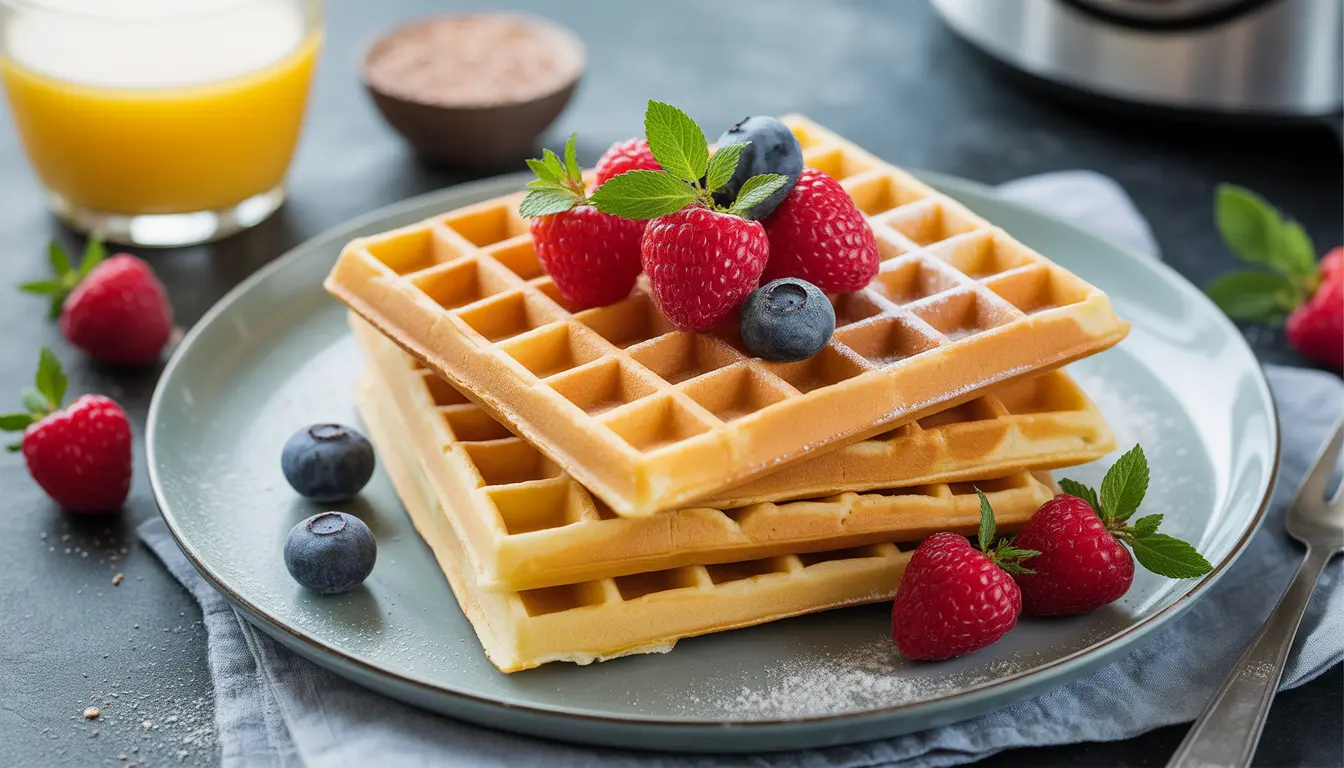 Ein moderner Thermomix in einer Berliner Küche, daneben ein Stapel frisch gebackener Waffeln, Fokus auf Zeitersparnis und Komfort, 16:9 Format.