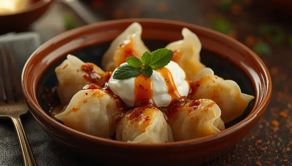 Eine Schale mit traditionellen türkischen Manti, serviert mit Joghurt-Knoblauch-Sauce und rötlicher Paprika-Butter, im Hintergrund orientalische Gewürze, 12:9 Format, 1200 x 675 px.