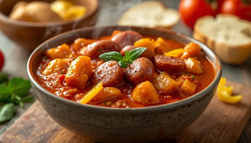 Klassisches Würstchen Gulasch mit Wiener Würstchen und Paprika in einer roten Soße, kinderfreundliches günstiges Rezept, 1200 x 675 px.