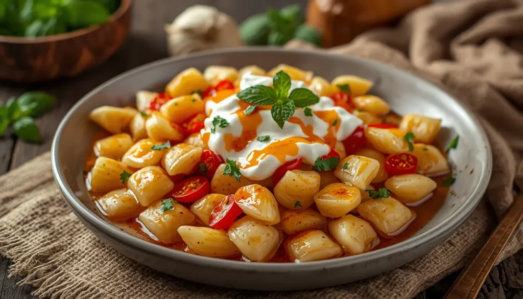 Eine Schüssel Yalanci Manti (Fake Manti) aus Penne-Pasta mit Hackfleischsauce, Joghurt und Paprika-Butter, schneller Feierabend-Look, 16:9 Format, 1200 x 675 px.