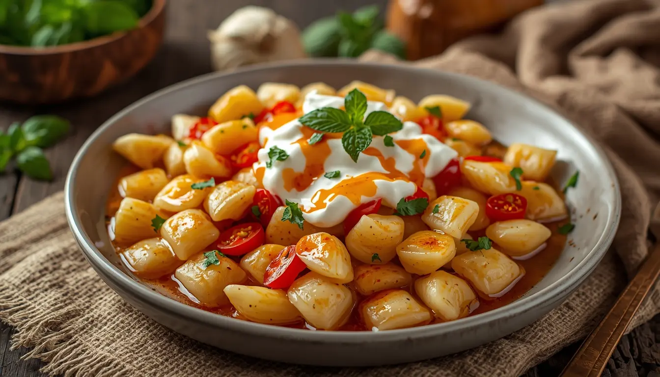 Eine Schüssel Yalanci Manti (Fake Manti) aus Penne-Pasta mit Hackfleischsauce, Joghurt und Paprika-Butter, schneller Feierabend-Look, 16:9 Format, 1200 x 675 px.