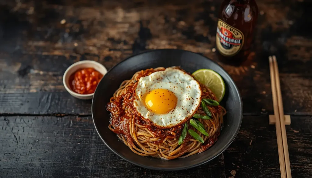 Indomie Goreng wie vom Imbiss in Berlin mit Spiegelei, Röstzwiebeln und Limette serviert