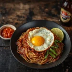 Indomie Goreng wie vom Imbiss in Berlin mit Spiegelei, Röstzwiebeln und Limette serviert