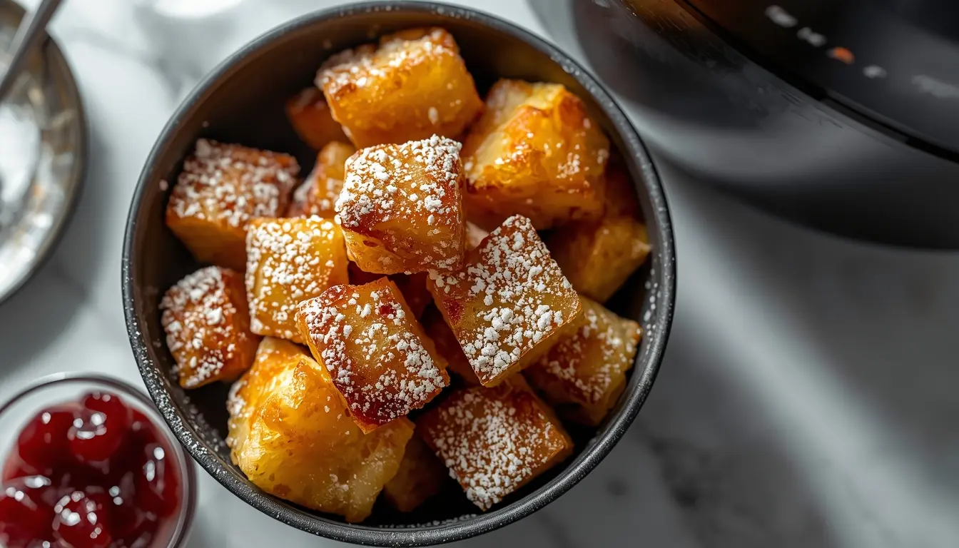 So sieht der perfekte Kaiserschmarrn aus der Heißluftfritteuse aus: Goldbraun, fluffig und mit Puderzucker bestäubt, serviert mit klassischem Zwetschgenröster.