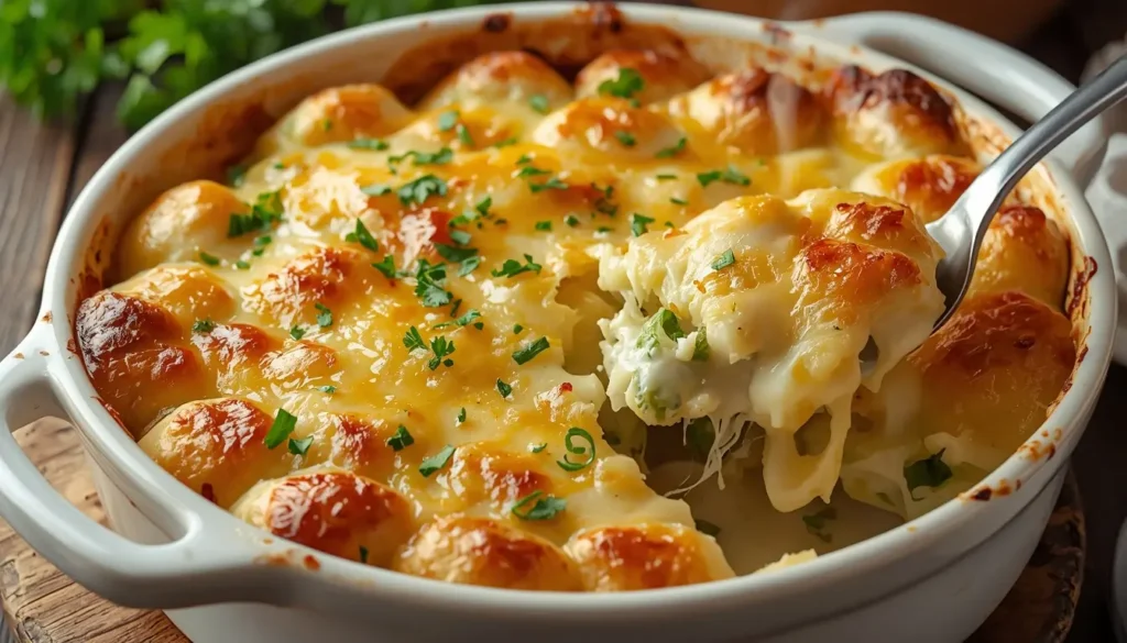 Cremiger Rosenkohl Auflauf mit goldbrauner Käsekruste.