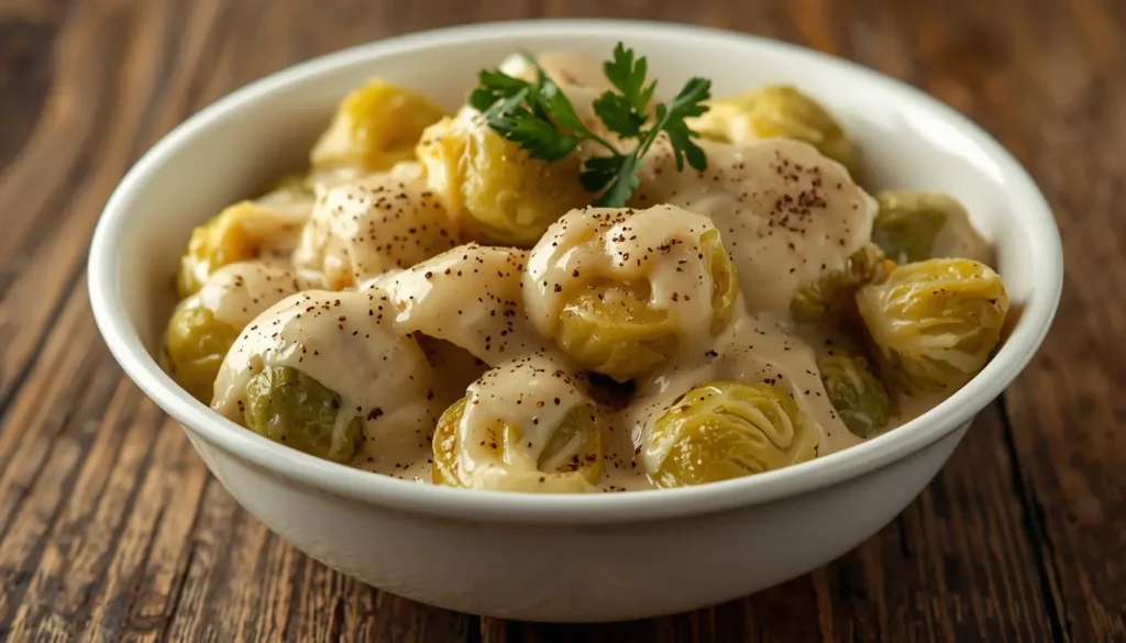 Cremiger Rosenkohl mit weißer Soße und Muskatnuss.