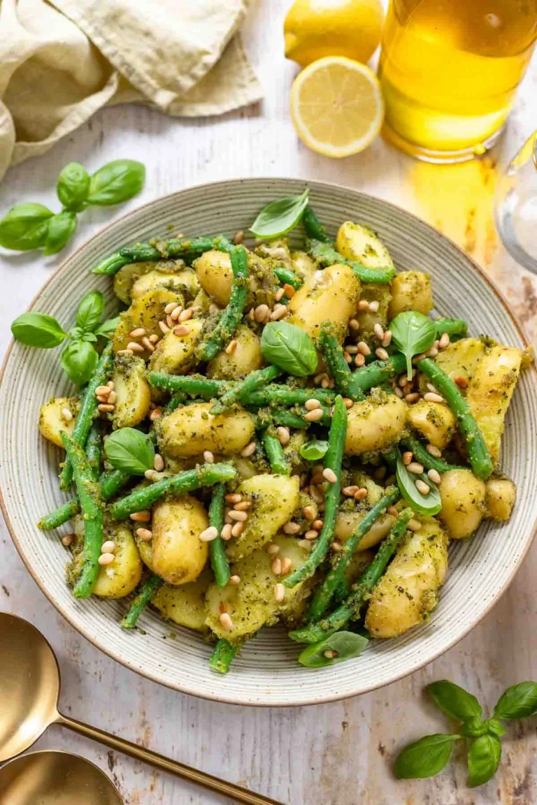 Kartoffelsalat mit Estragon-Pesto und eingelegten Zwiebeln