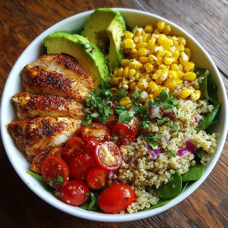 Bunte Quinoa-Bowl mit Hähnchen und Avocado: Perfektes Meal Prep fürs Büro